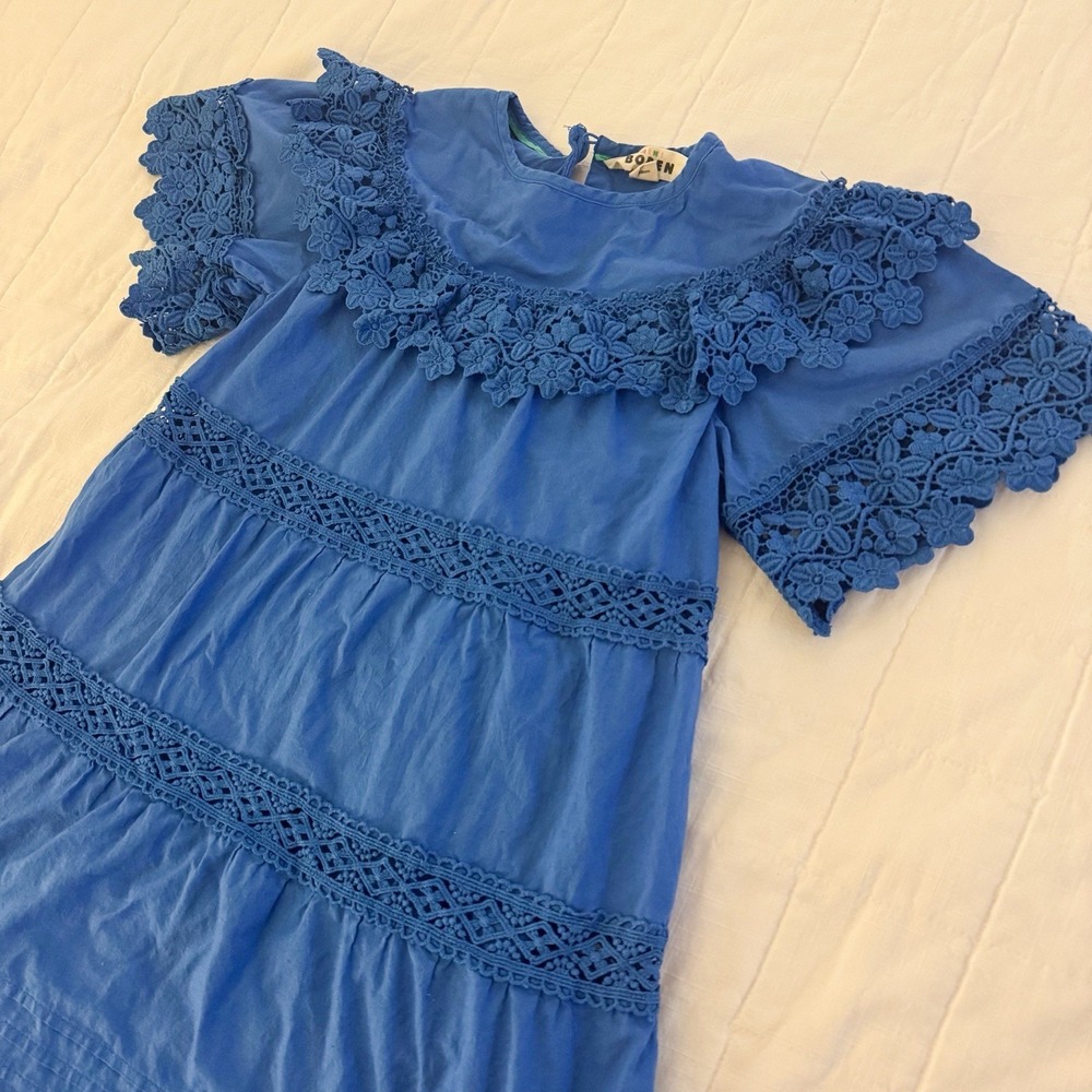 Mini Boden Girls 7-8 Dress Cabana Blue Lace Tiered‎ Summer Sun Scallop Cotton - Picture 2 of 9